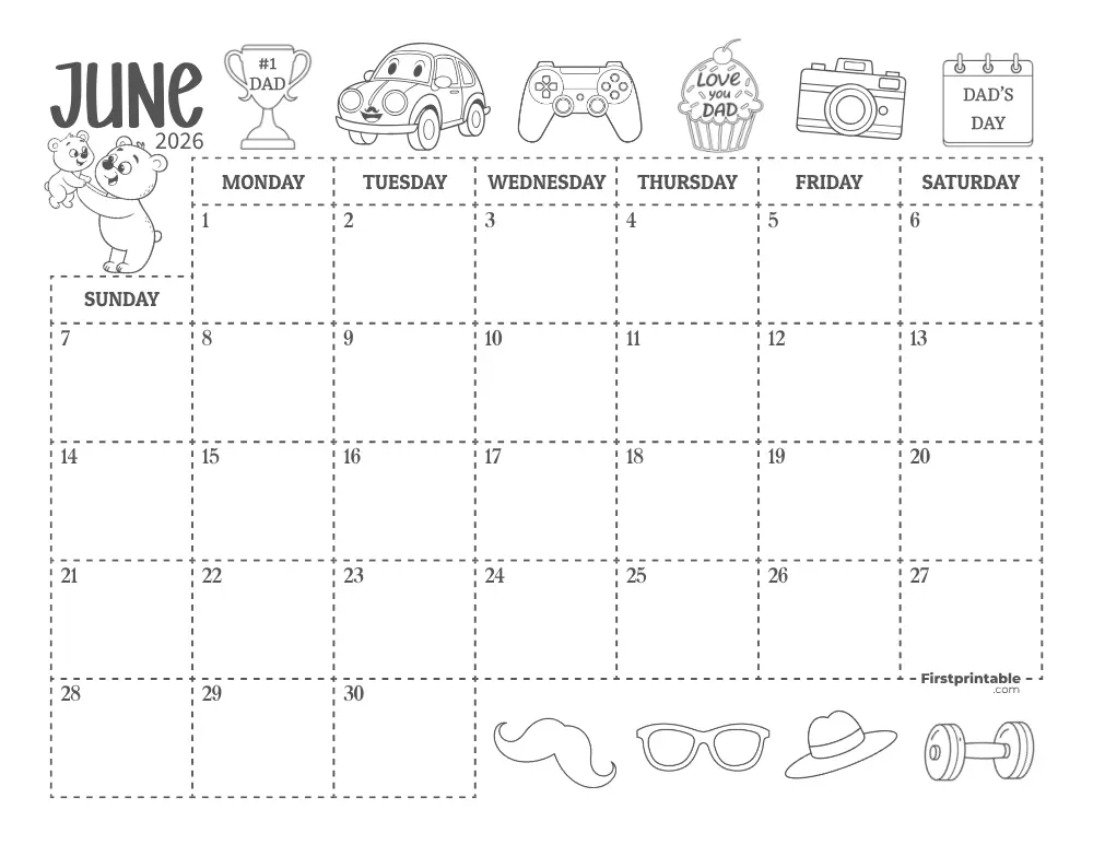 June Calendar 2026 Fathers Day Themed 01
