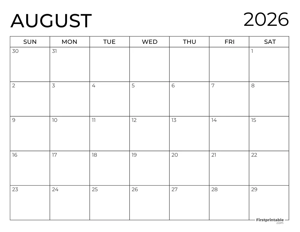 Printable August 2026 Calendar