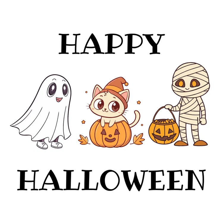 Cute Ghost, Cat and Mummy Halloween Card