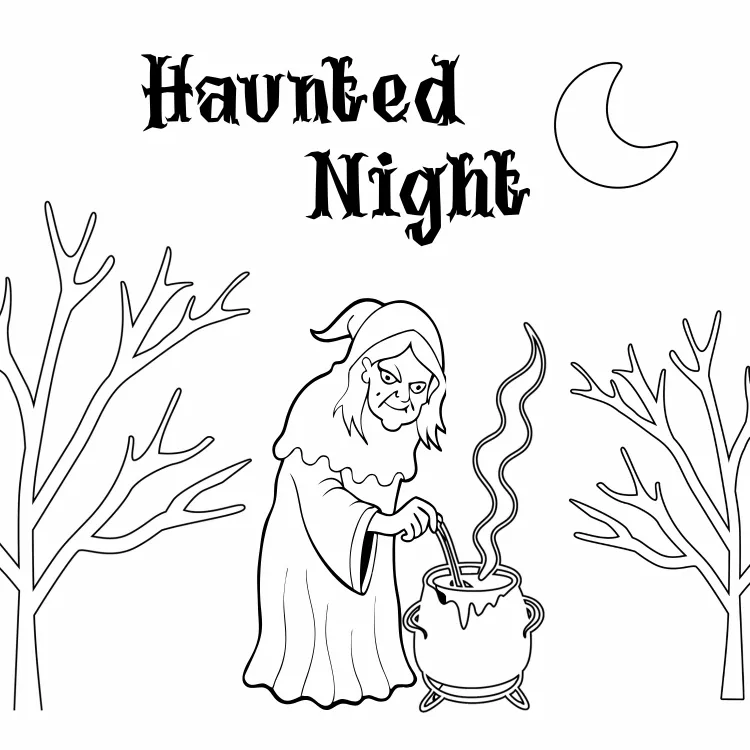 Witch in Dark Night Coloring Card