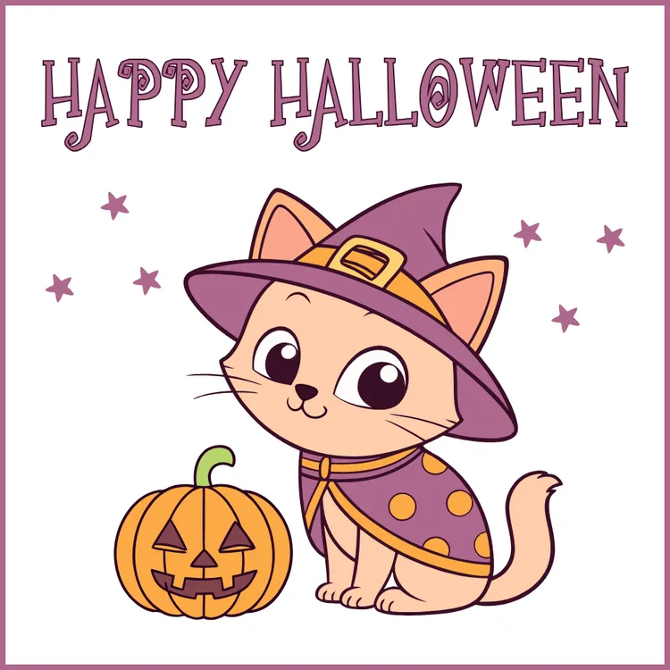 Cute Cat with Witch Hat Halloween Card