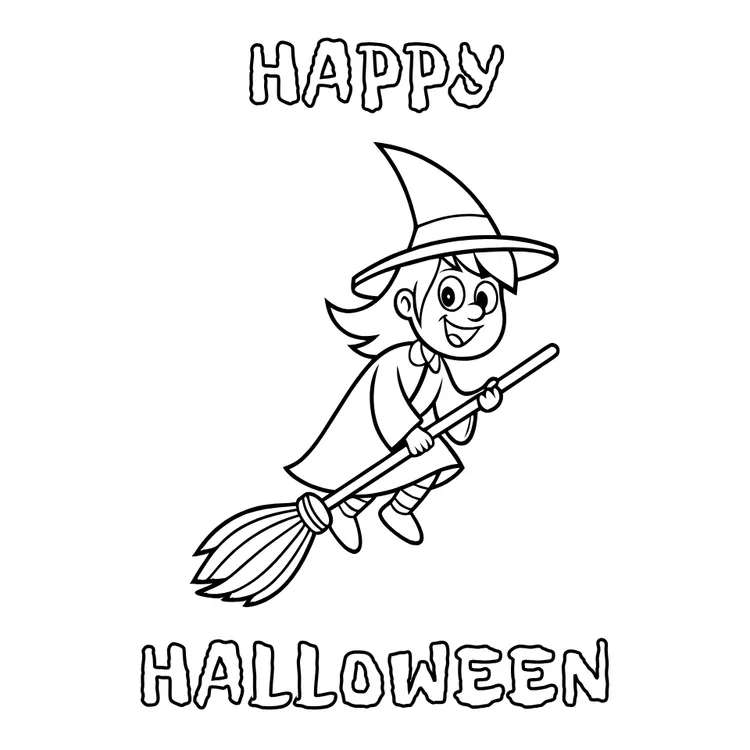 Cute Witch with Broomstick Coloring Card