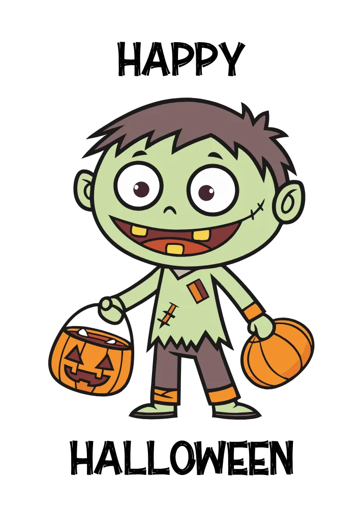Happy Zombie with Pumpkin Bag Halloween Card