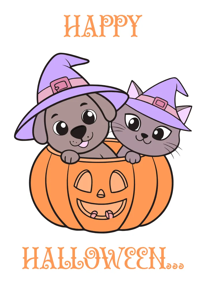 Dog and Cat Celebrating Halloween Card