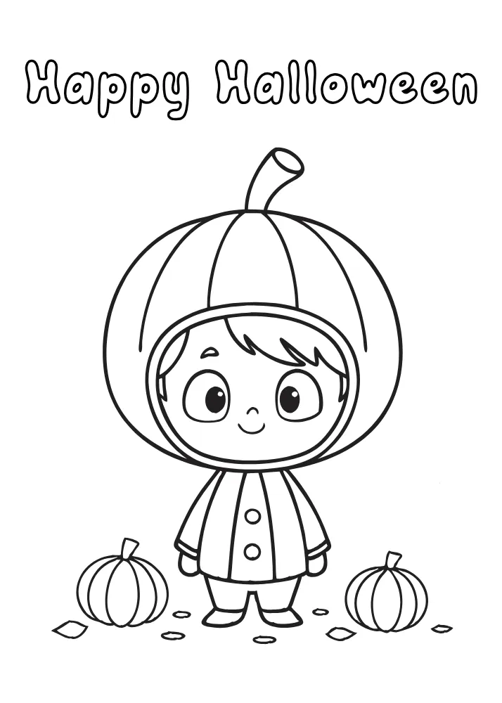 Cute Kid in Pumpkin Costume Coloring Card