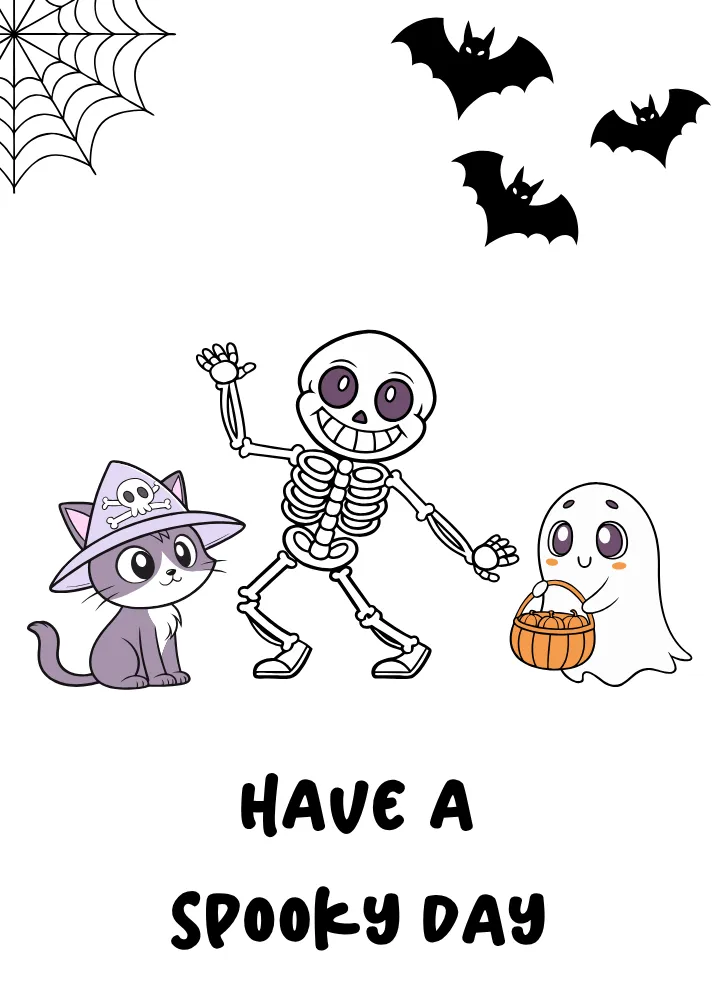 Funny Cat, Skeleton and Ghost Printable Card