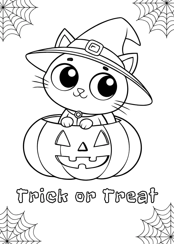 Cute Cat and Jack O Lantern Coloring Card