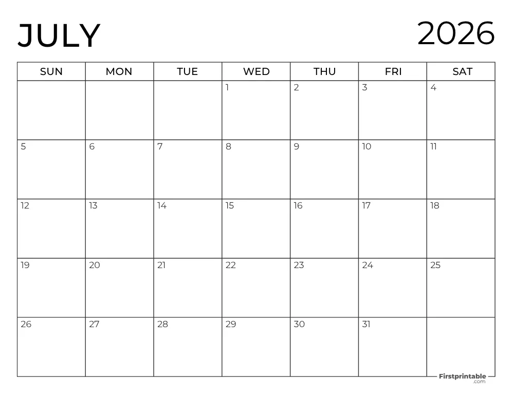 Printable July 2026 Calendar