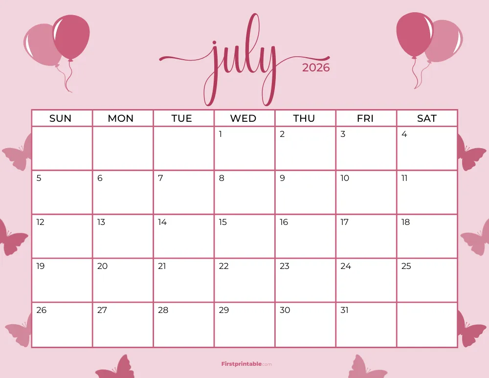 Printable July Calendar 2026 Fourth Of July Template 20