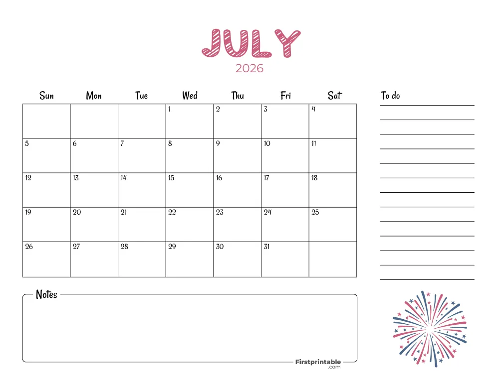 Printable July Calendar 2026 Fourth Of July Template 23
