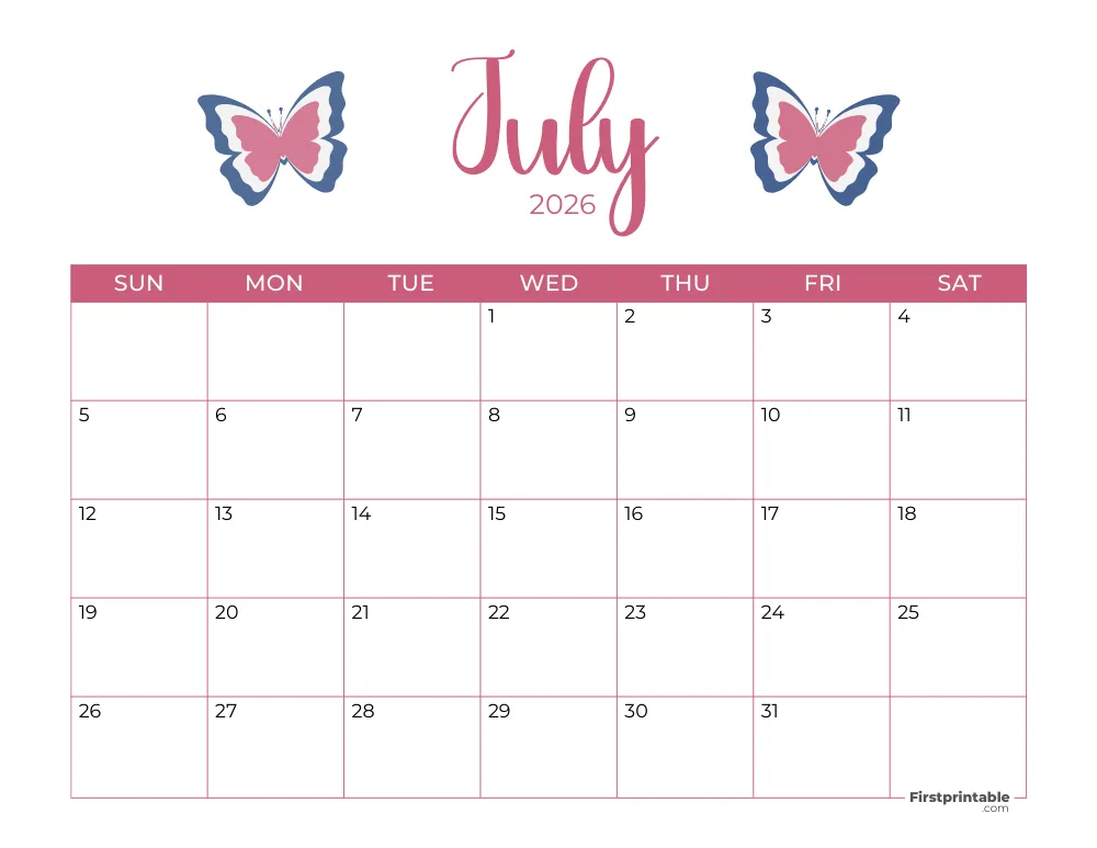Printable July Calendar 2026 Fourth of July Template 22