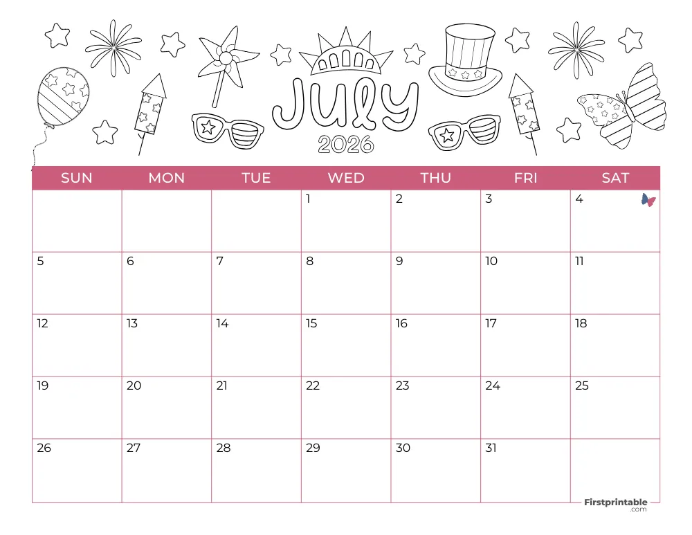 Printable July Calendar 2026 Fourth of July Template 25