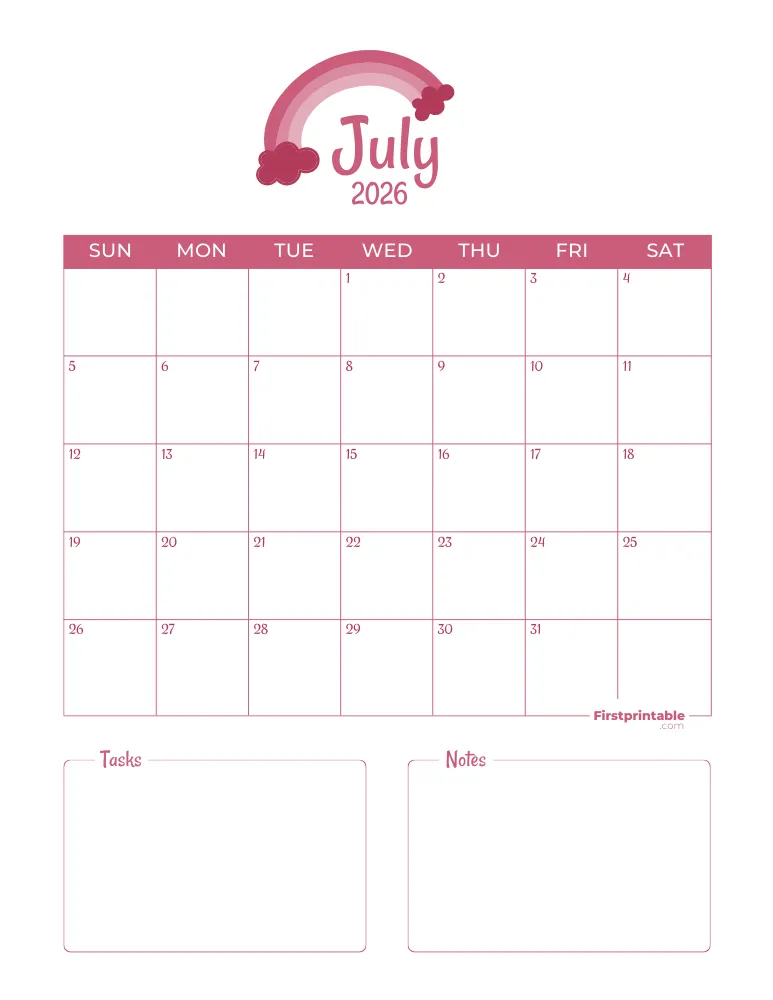 Printable July Calendar 2026 Template 03