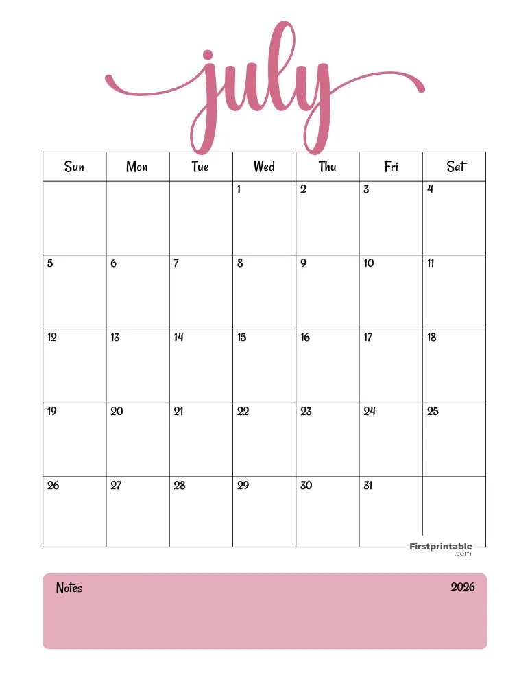 Printable July Calendar 2026 Template 04