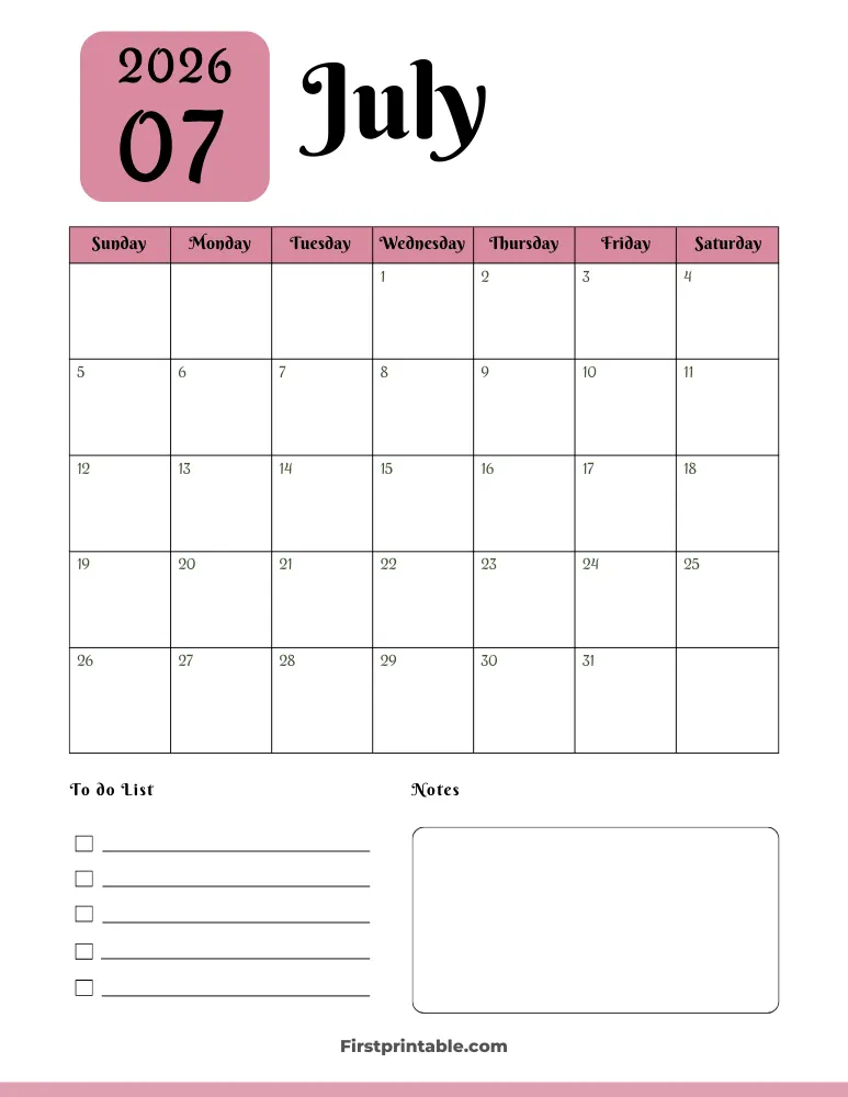 Printable July Calendar 2026 Template 05