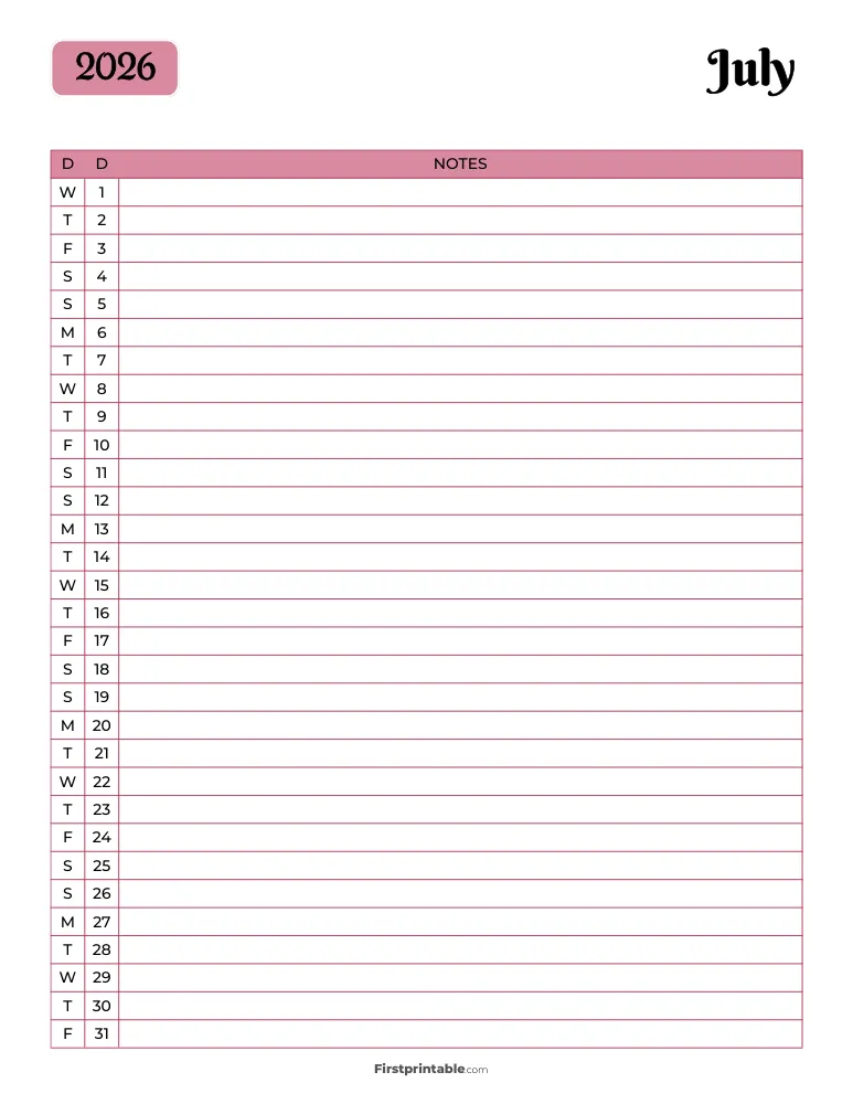 Printable July Calendar 2026 Template 13