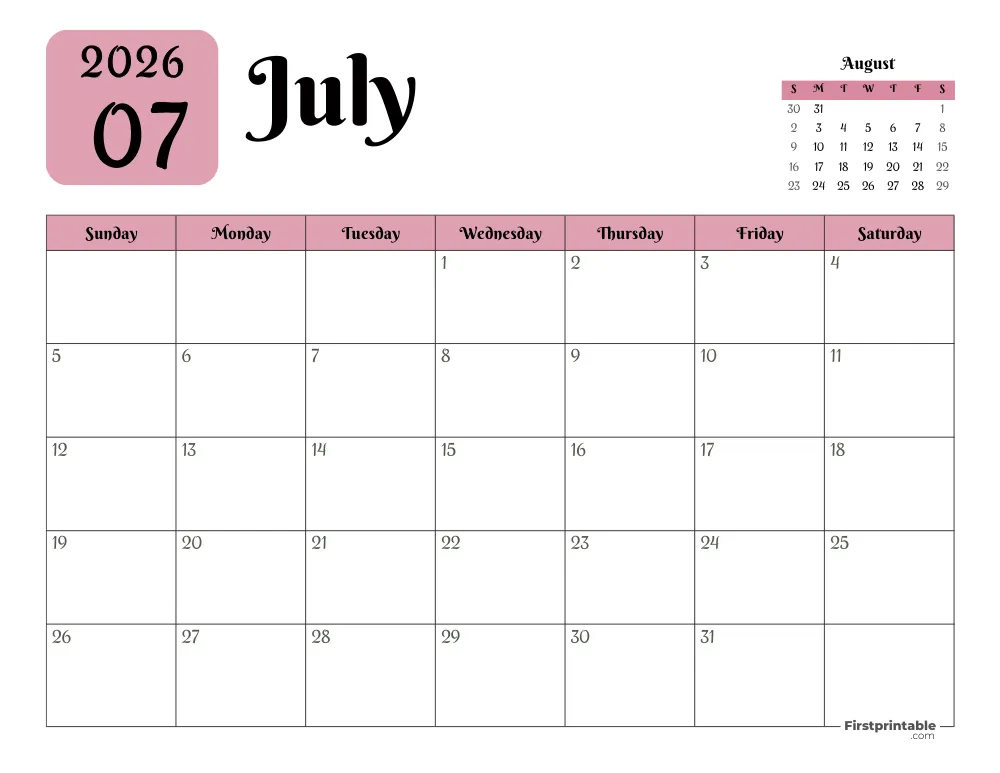 Printable July Calendar 2026 Template 16