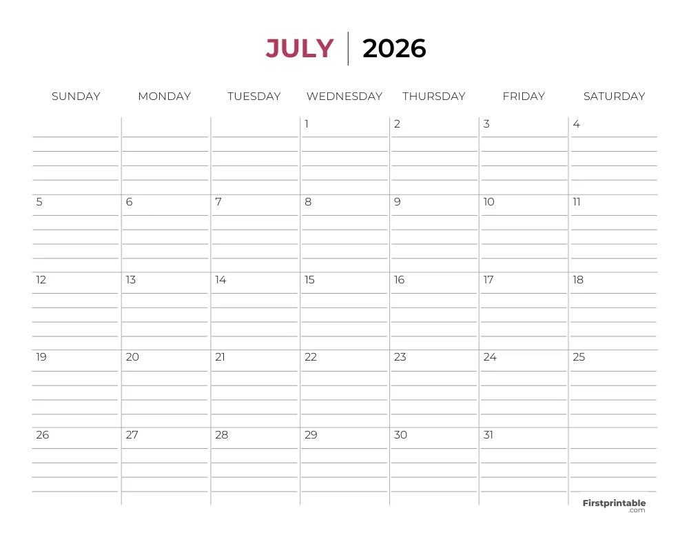 Printable July Calendar 2026 Template 26