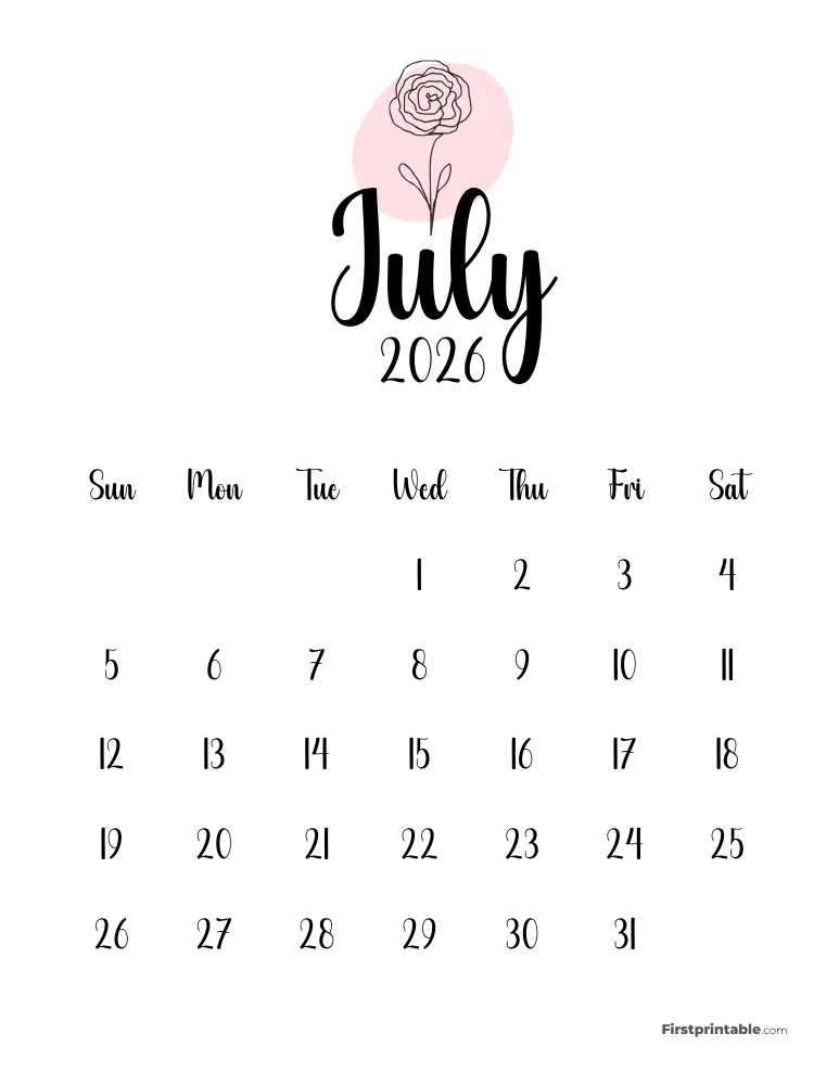 Printable July Calendar 2026 Template 50