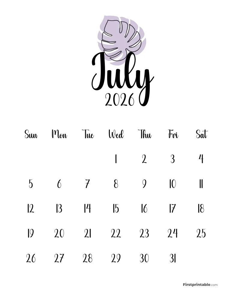 Printable July Calendar 2026 Template 51