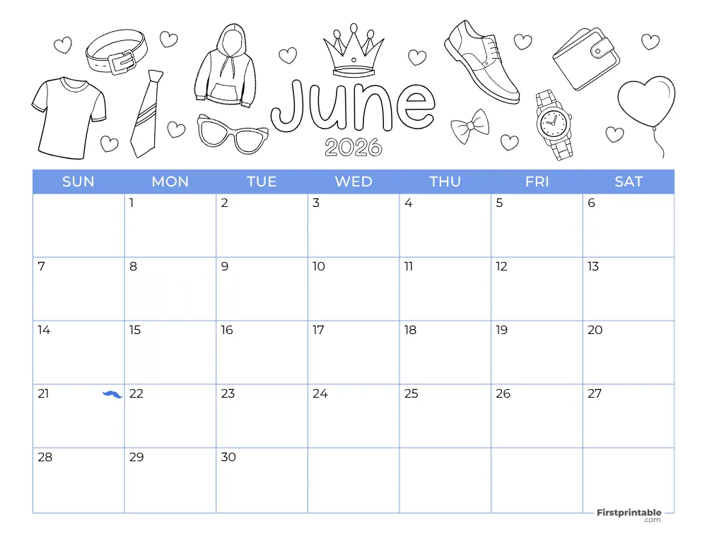 Printable June Calendar 2026 Fathers Day Template 25