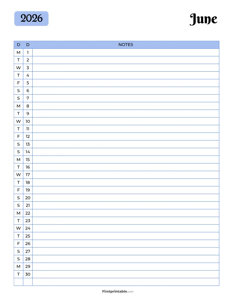 Printable June Calendar 2026 Template 13