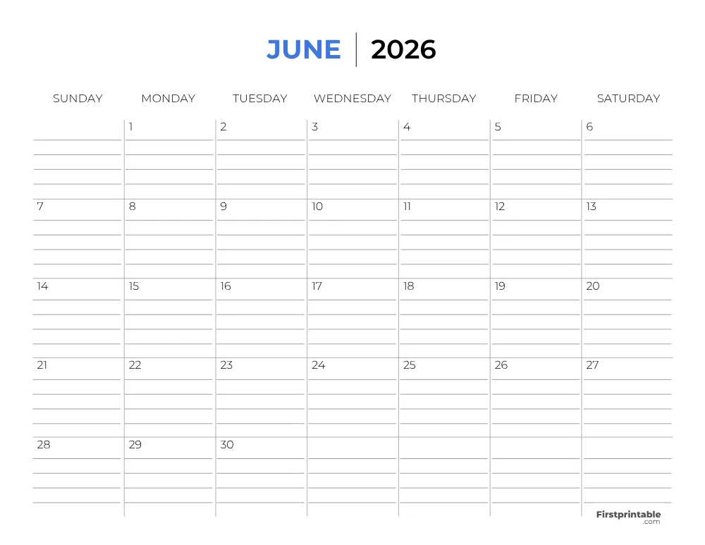 Printable June Calendar 2026 Template 26