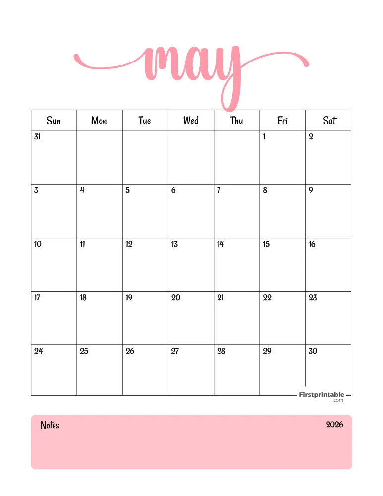 Printable May Calendar 2026 Template 04