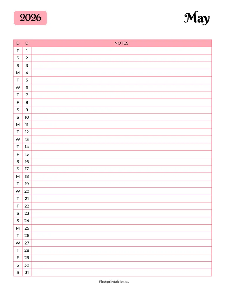 Printable May Calendar 2026 Template 13