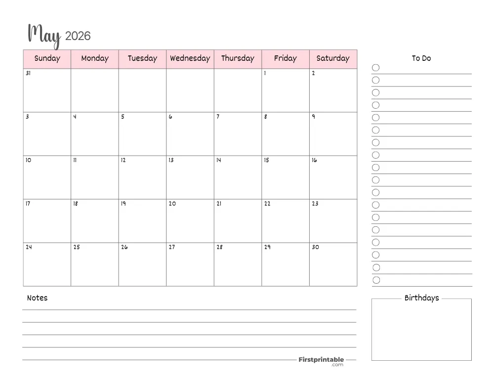 Printable May Calendar 2026 Template 15