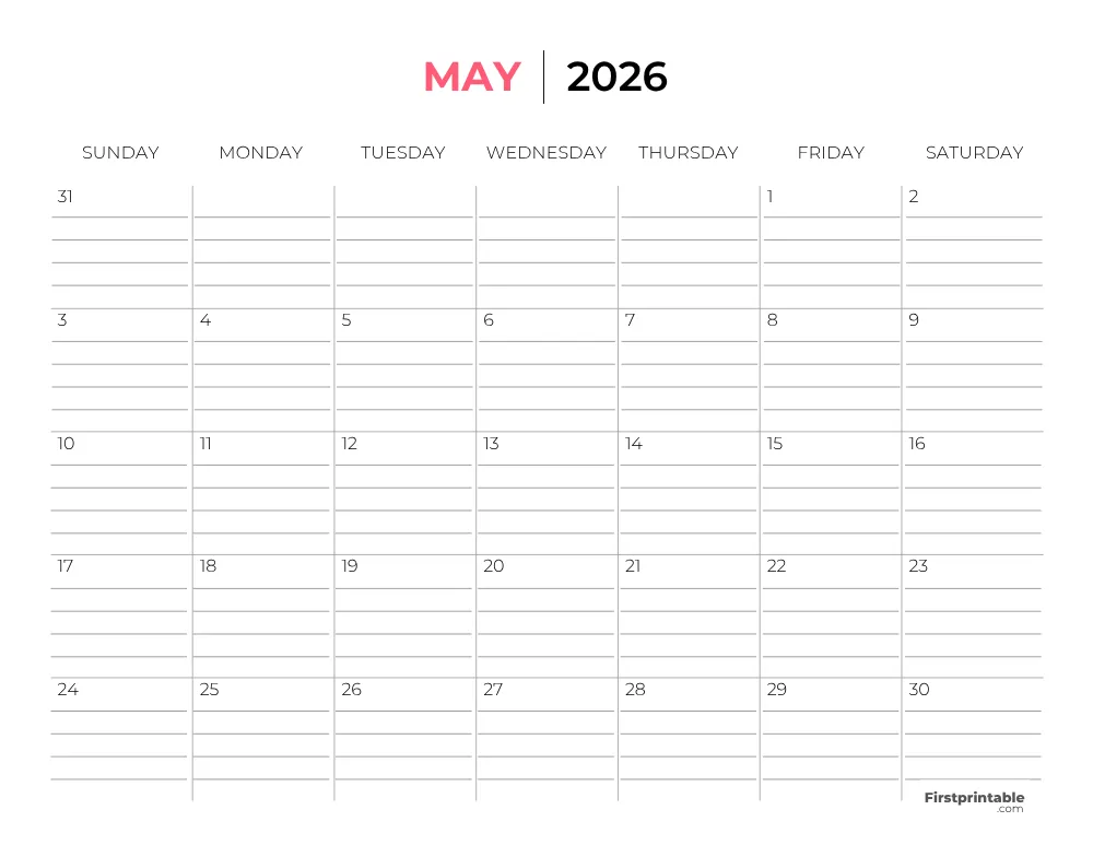 Printable May Calendar 2026 Template 26