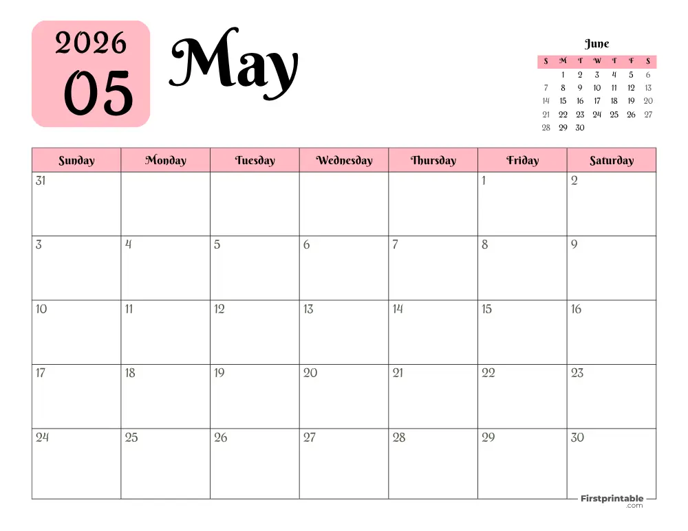 Printable May Calendar 2026 Template 16