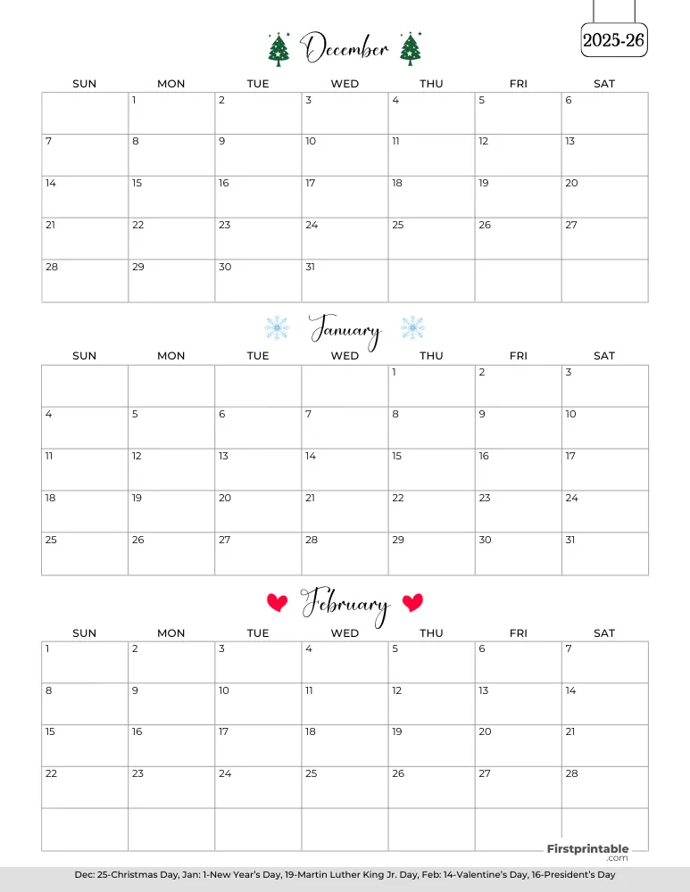 Printable Winter Calendar 2025-2026 Template 01