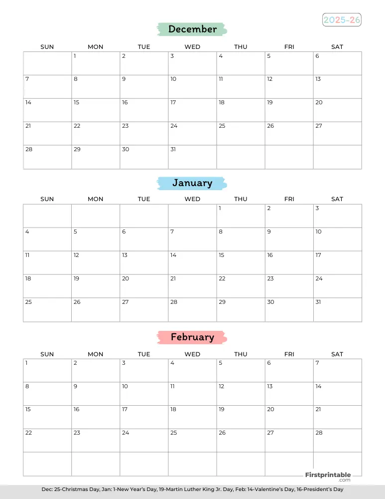 Printable Winter Calendar 2025-2026 Template 02