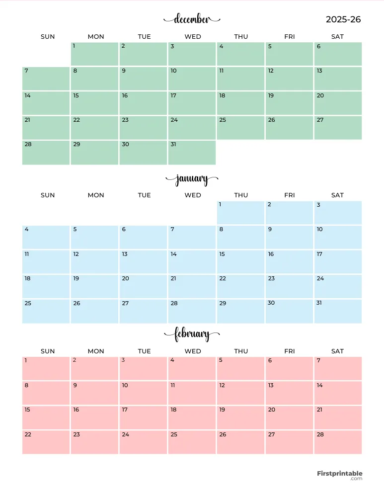 Printable Winter Calendar 2025-2026 Template 05