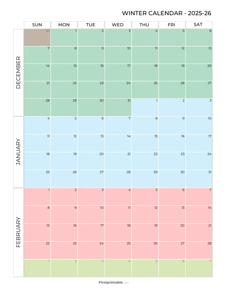 Printable Winter Calendar 2025-2026 Template 07