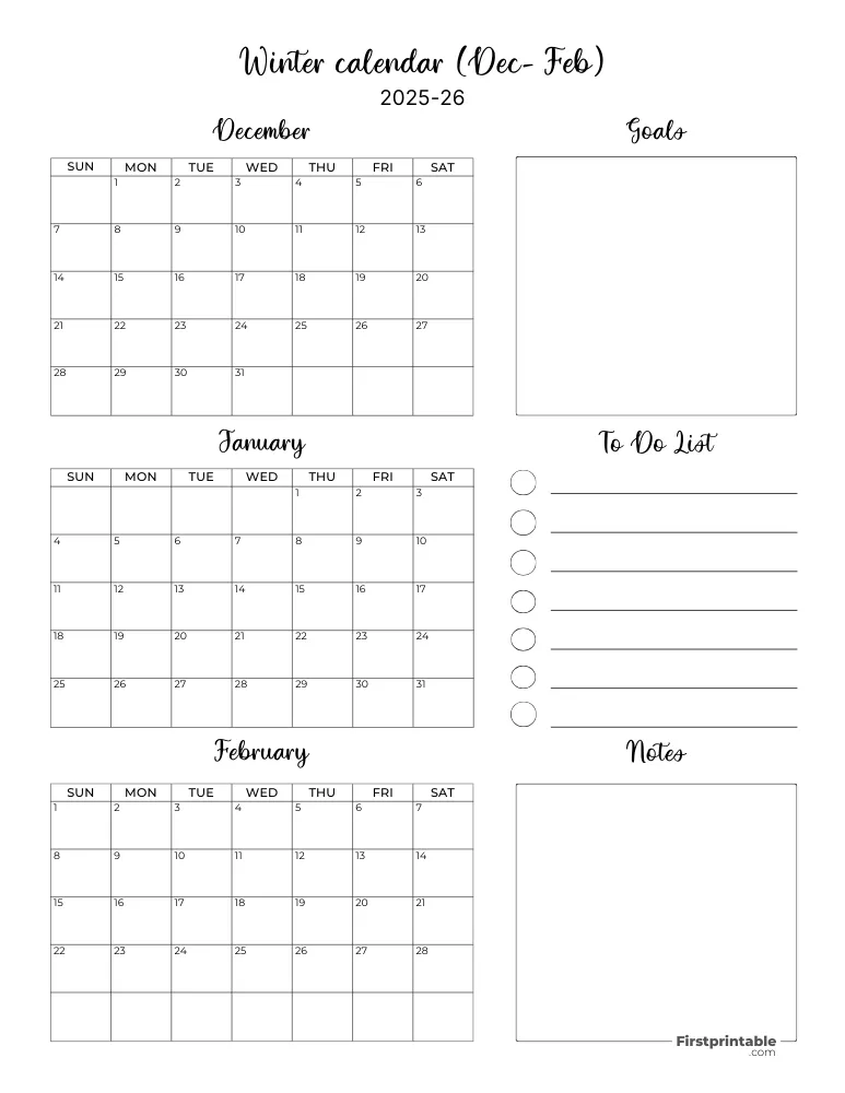 Printable Winter Calendar 2025-2026 Template 08
