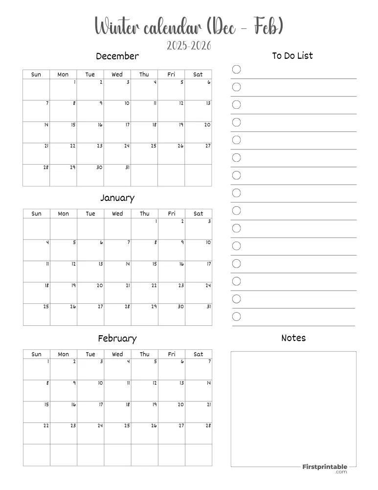 Printable Winter Calendar 2025-2026 Template 09