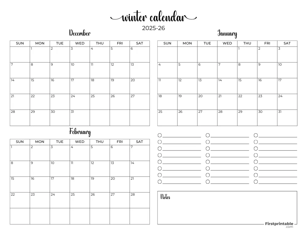 Printable Winter Calendar 2025-2026 Template 10