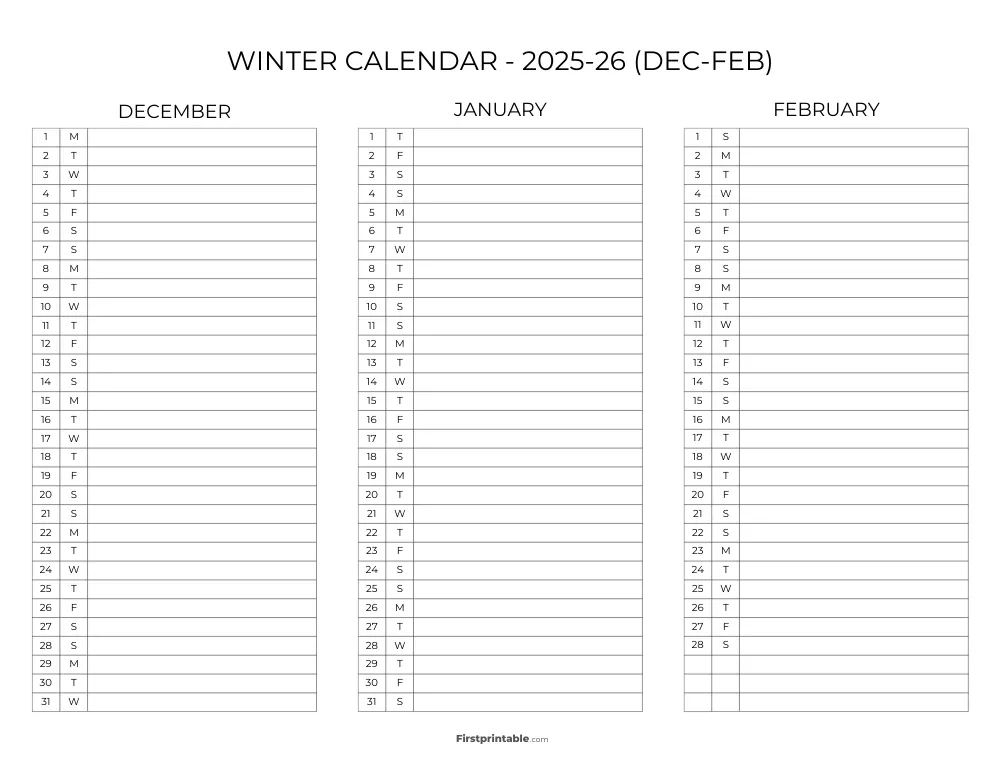 Printable Winter Calendar 2025-2026 Template 12