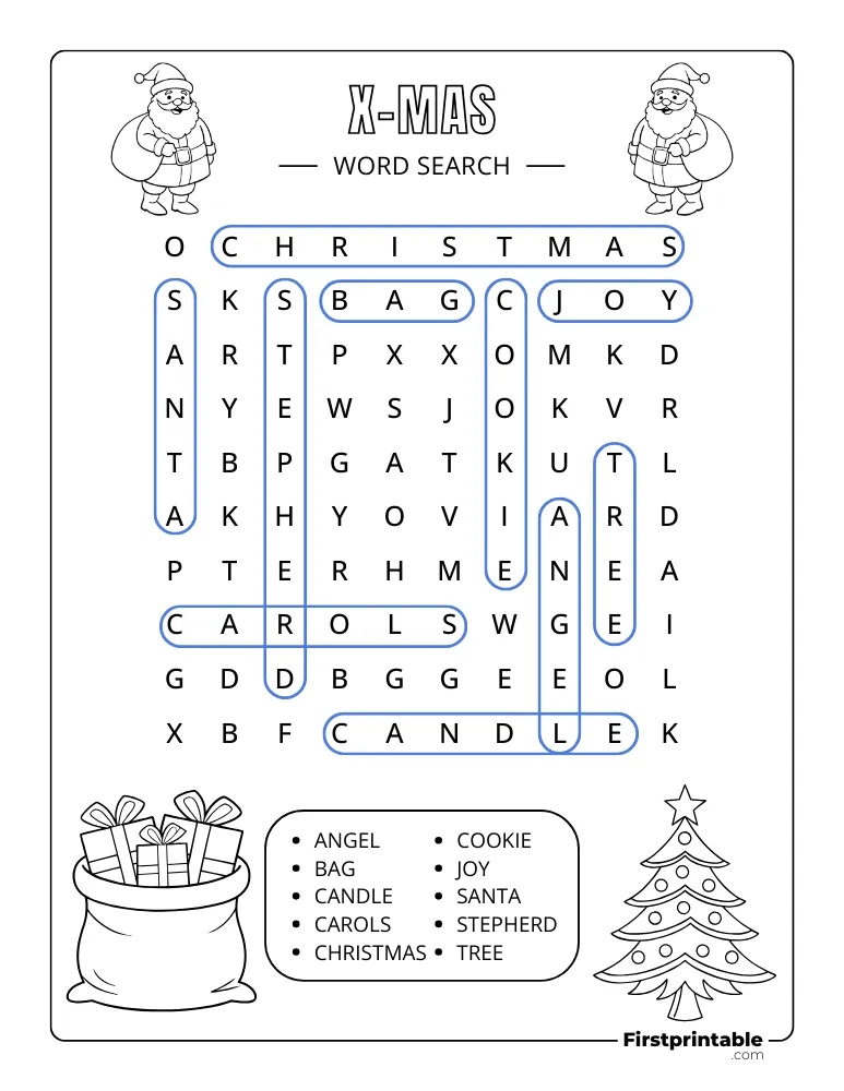 XMAS Word Search Easy Answer Key