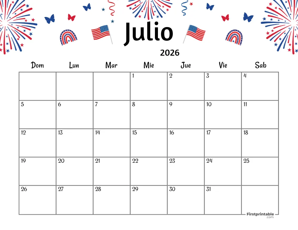 Spanish Printable July Calendar 2026 Fourth of July Template 39