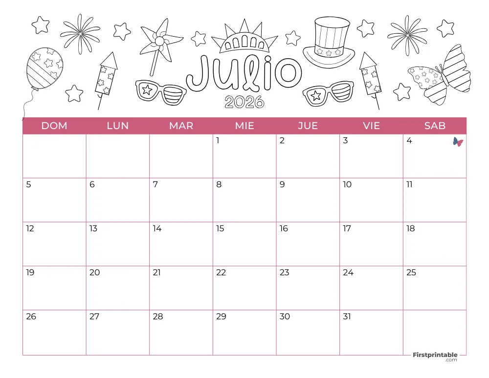Spanish Printable July Calendar 2026 Fourth of July Template 40