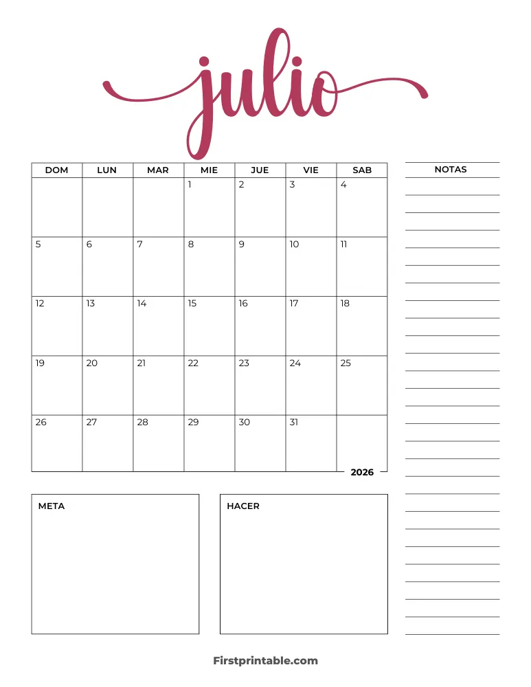 Spanish Printable July Calendar 2026 Template 29