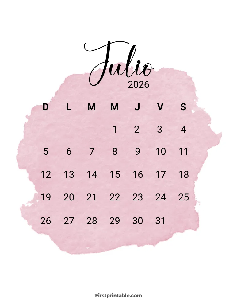 Spanish Printable July Calendar 2026 Template 30