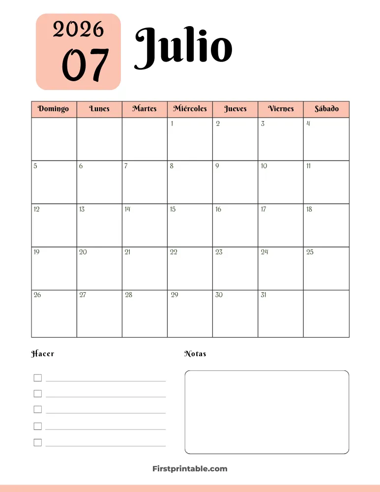 Spanish Printable July Calendar 2026 Template 34