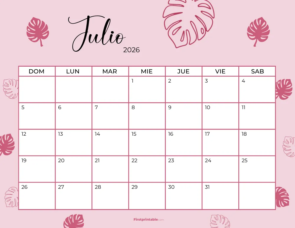 Spanish Printable July Calendar 2026 Template 36