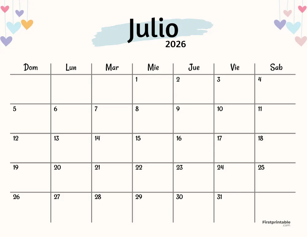 Spanish Printable July Calendar 2026 Template 42