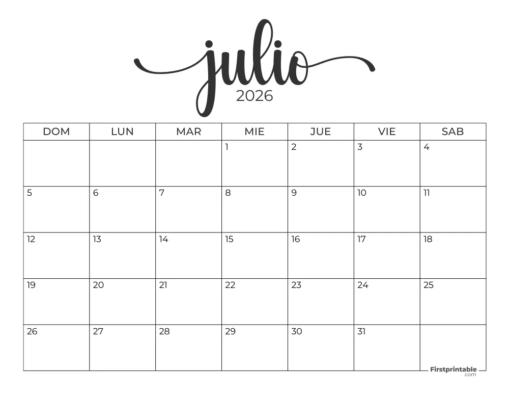Spanish Printable July Calendar 2026 Template 43