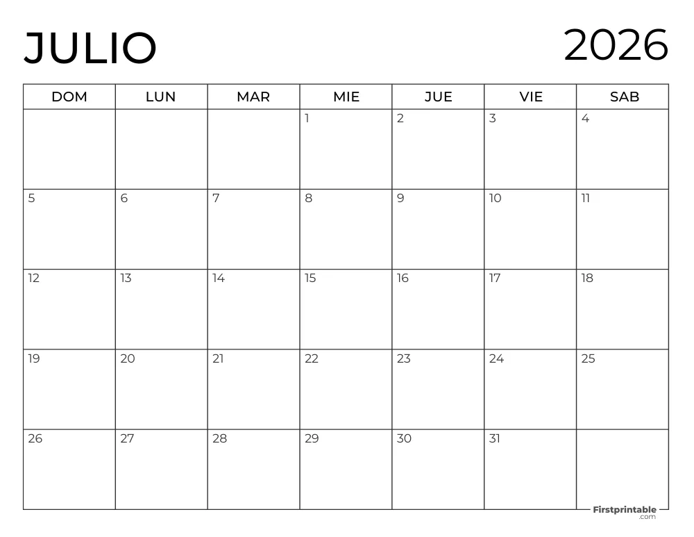 Spanish Printable July Calendar 2026 Template 44